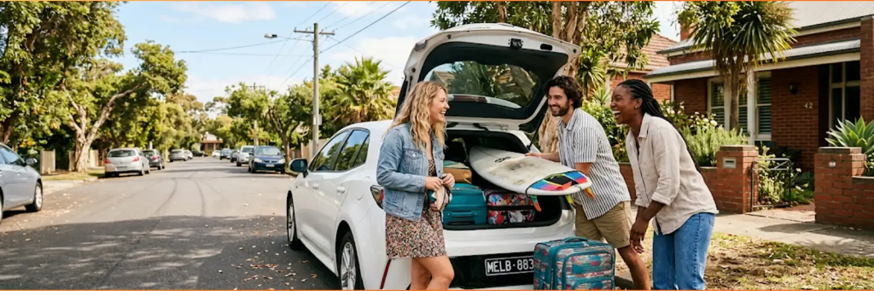 three young adults laughing and loading small suitcases and a surfboard into the trunk of a white hatchback car